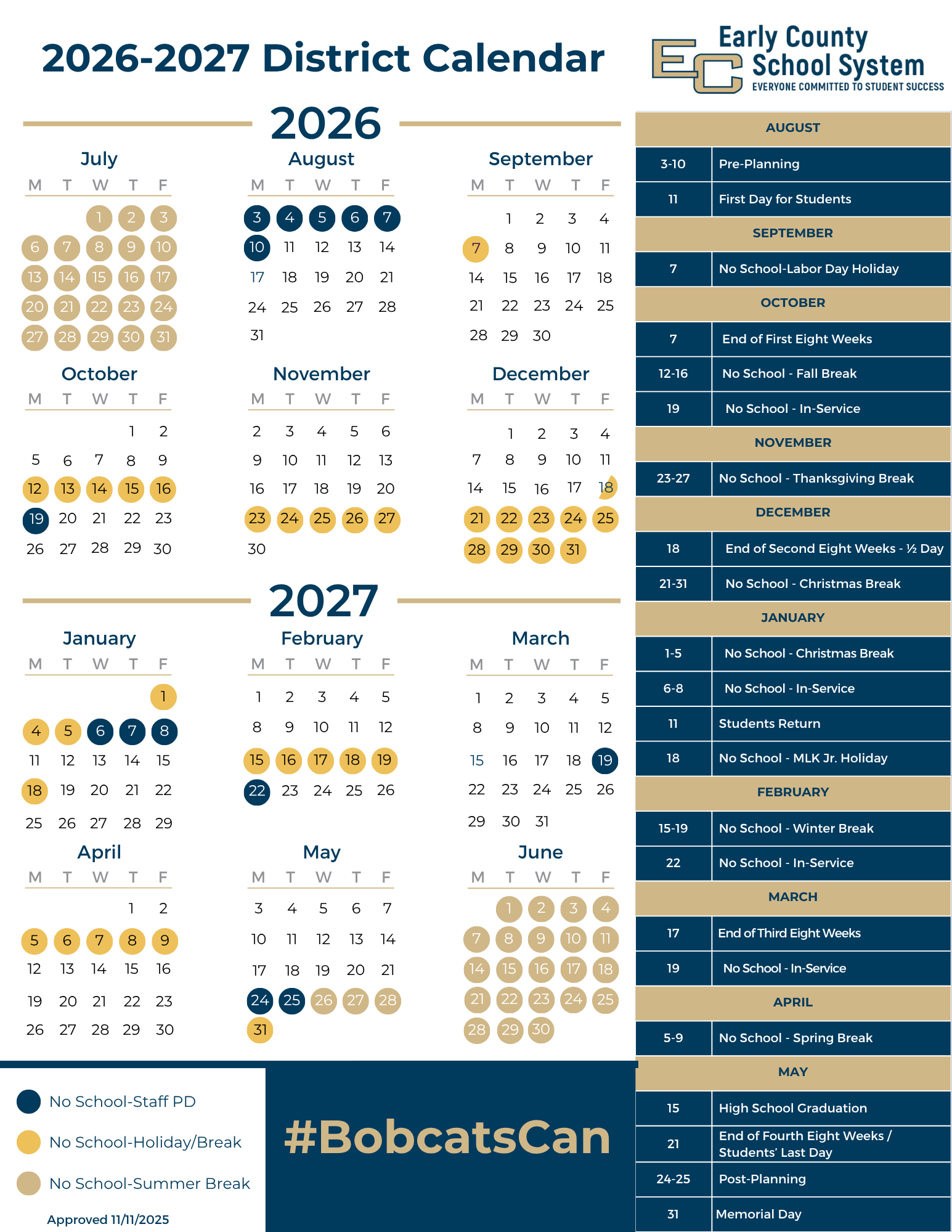 A 2026-2027 district calendar with dates highlighted for holidays and breaks.